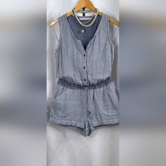 Nordstrom Rack Blue And White Sleeveless Button-Up Max Studio Romper 100% Cotton - Picture 1 of 9